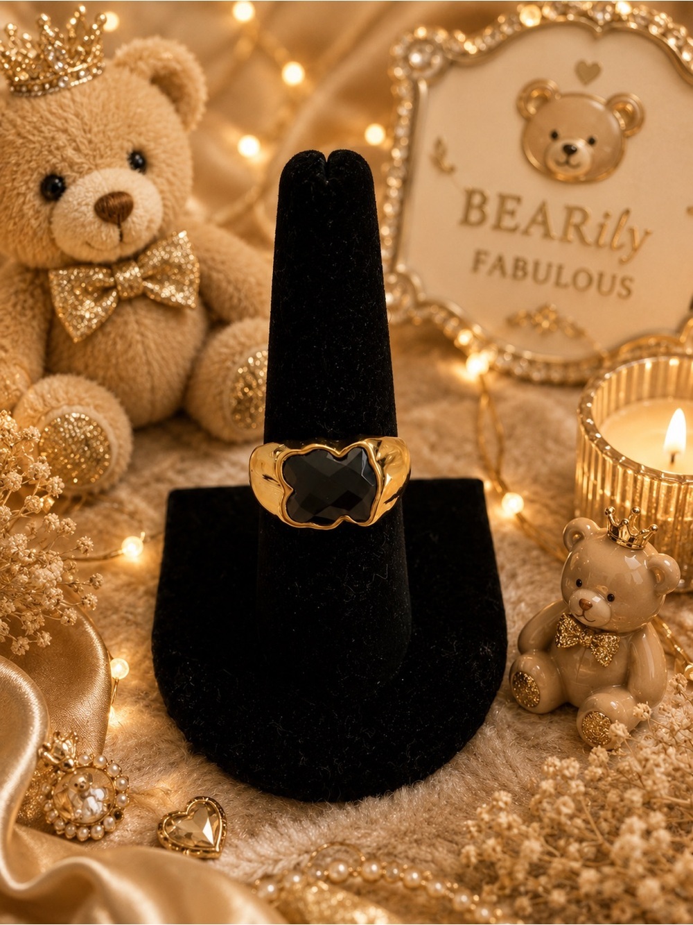 Gold Tone Black Bear Statement Ring - Size 8